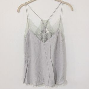 Storia Lace Trim Satin Tank Top V Neck Racerback Tank Top Silver Gray Medium M